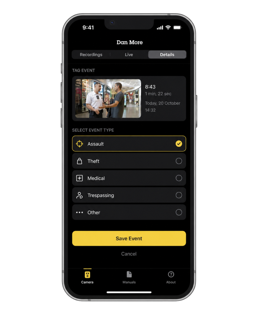 axis body worn assistant mobile app tagging a recorded security event