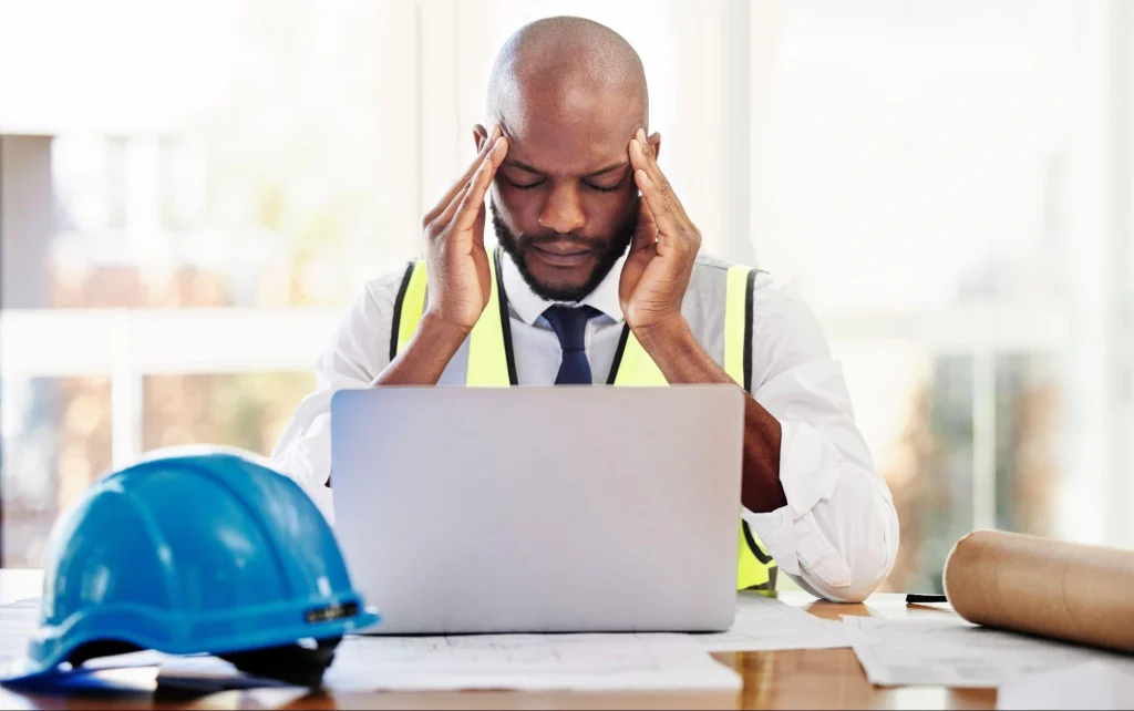 Travailleur de la construction stressé, confronté à des problèmes de sécurité sur le chantier.