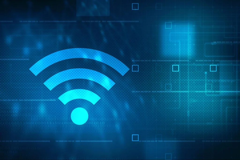Représentation numérique d'un signal Wi-Fi sur un fond technologique.