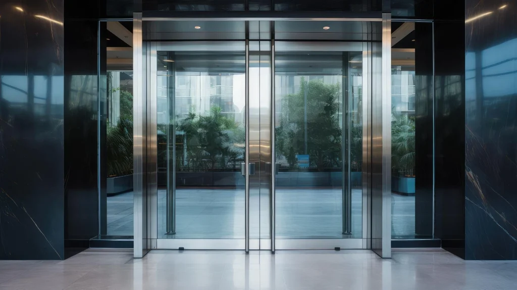 Portes d'ascenseur en verre dans un bâtiment moderne.