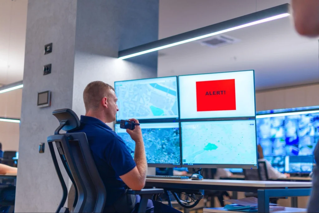 Centre de contrôle de sécurité avec un membre du personnel surveillant plusieurs écrans affichant une alerte.