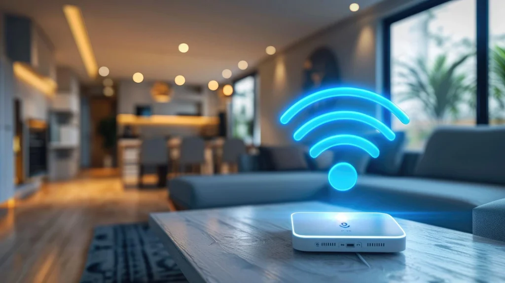 Routeur Wi-Fi avec icône de signal lumineux dans un salon.