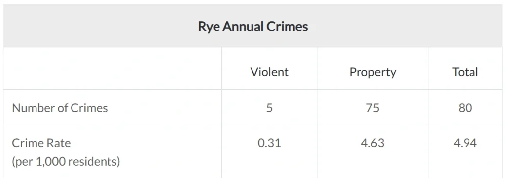Rye New York 2025 crime statistics showing violent and property crime rates per 1,000 residents