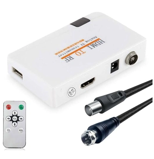 HDMI to RF modulator with remote control and coaxial cable.