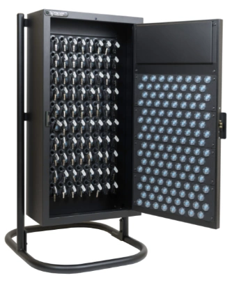 Open metal key cabinet with numbered hooks and key tags inside, standing on a round floor base steel.