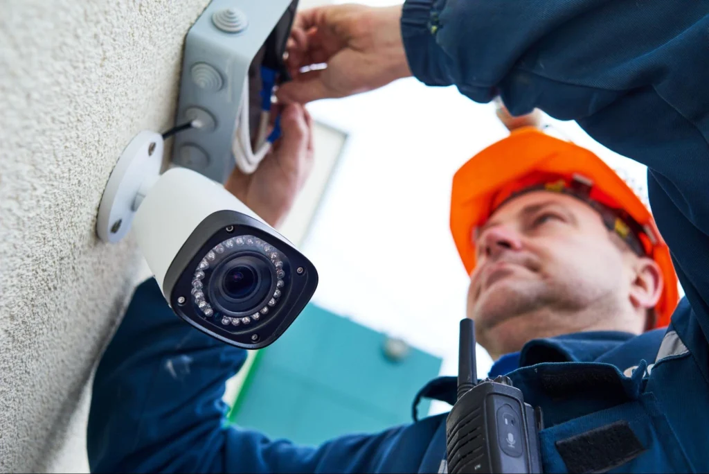 Technician installing a wired security camera at a construction site.