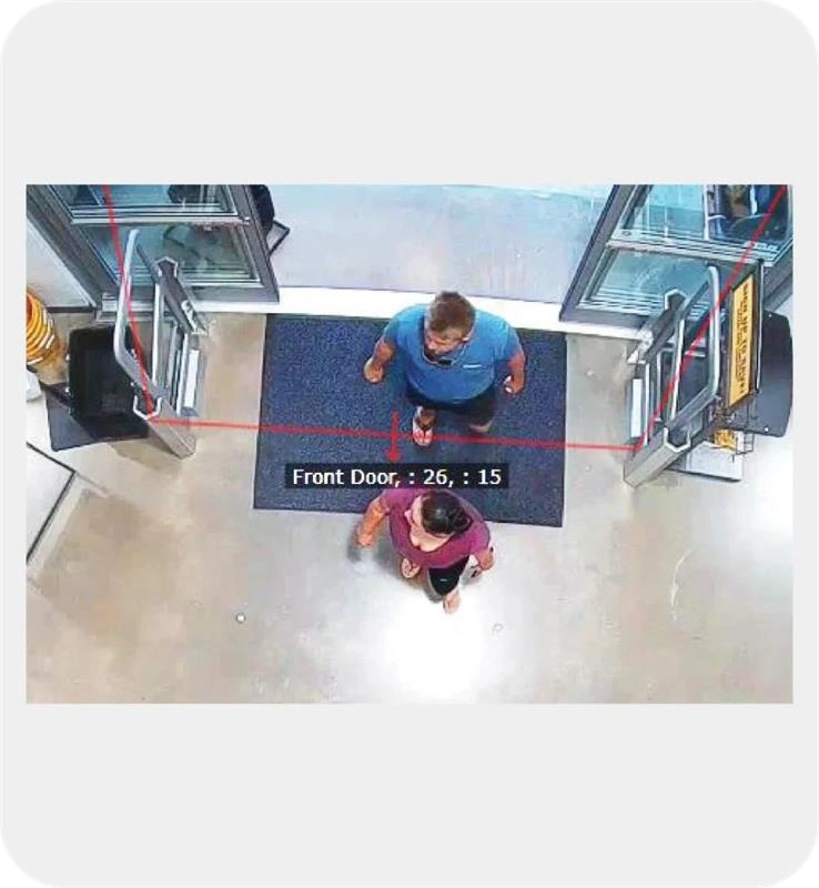 rveillance image showing people entering through the front door, with tracking data displayed.