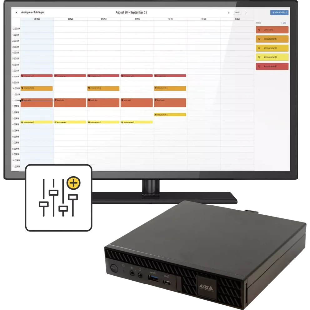 Audio schedule on screen with Axis Audio Manager device below.