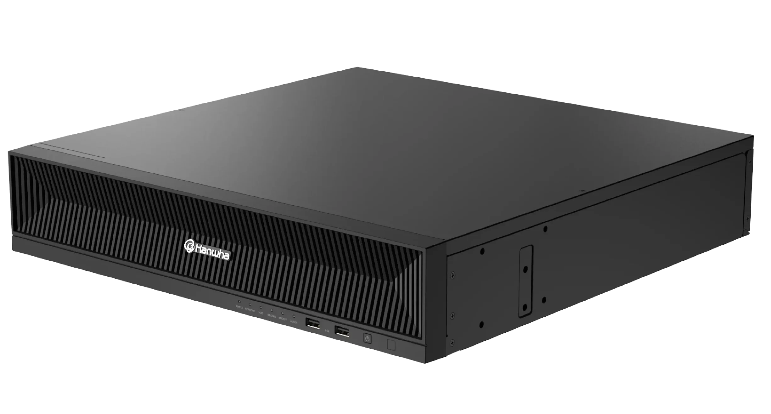 Network video recorder with sleek black design and multiple ports.