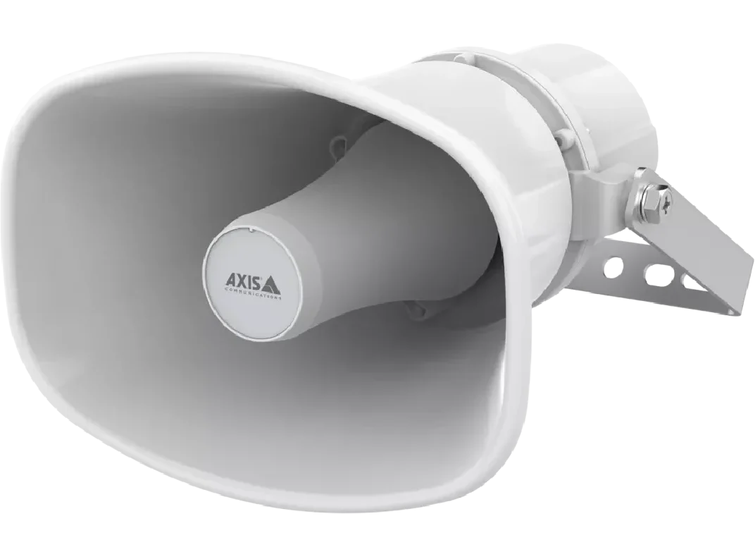 White AXIS C1310-E Mk II network horn speaker angled for outdoor audio applications.