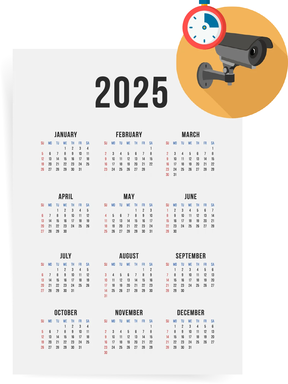 2025 calendar with security camera icon.