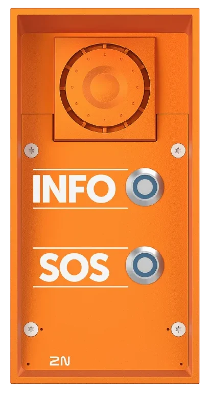 Bright orange emergency intercom with INFO and SOS buttons for safety and quick assistance