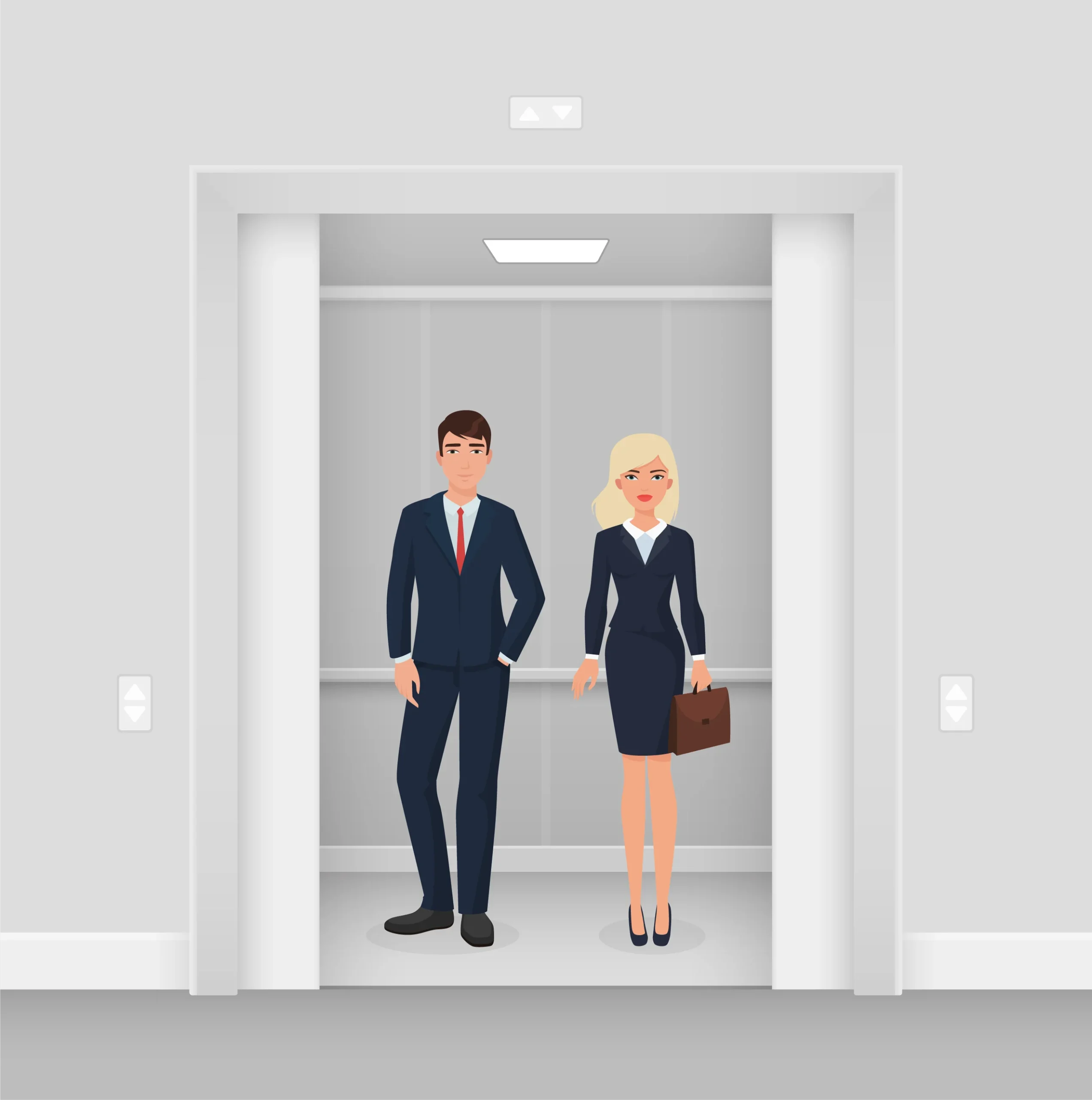 Business professionals standing inside an open elevator.
