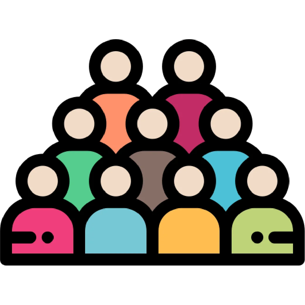 Colorful crowd of people grouped together in a geometric shape.