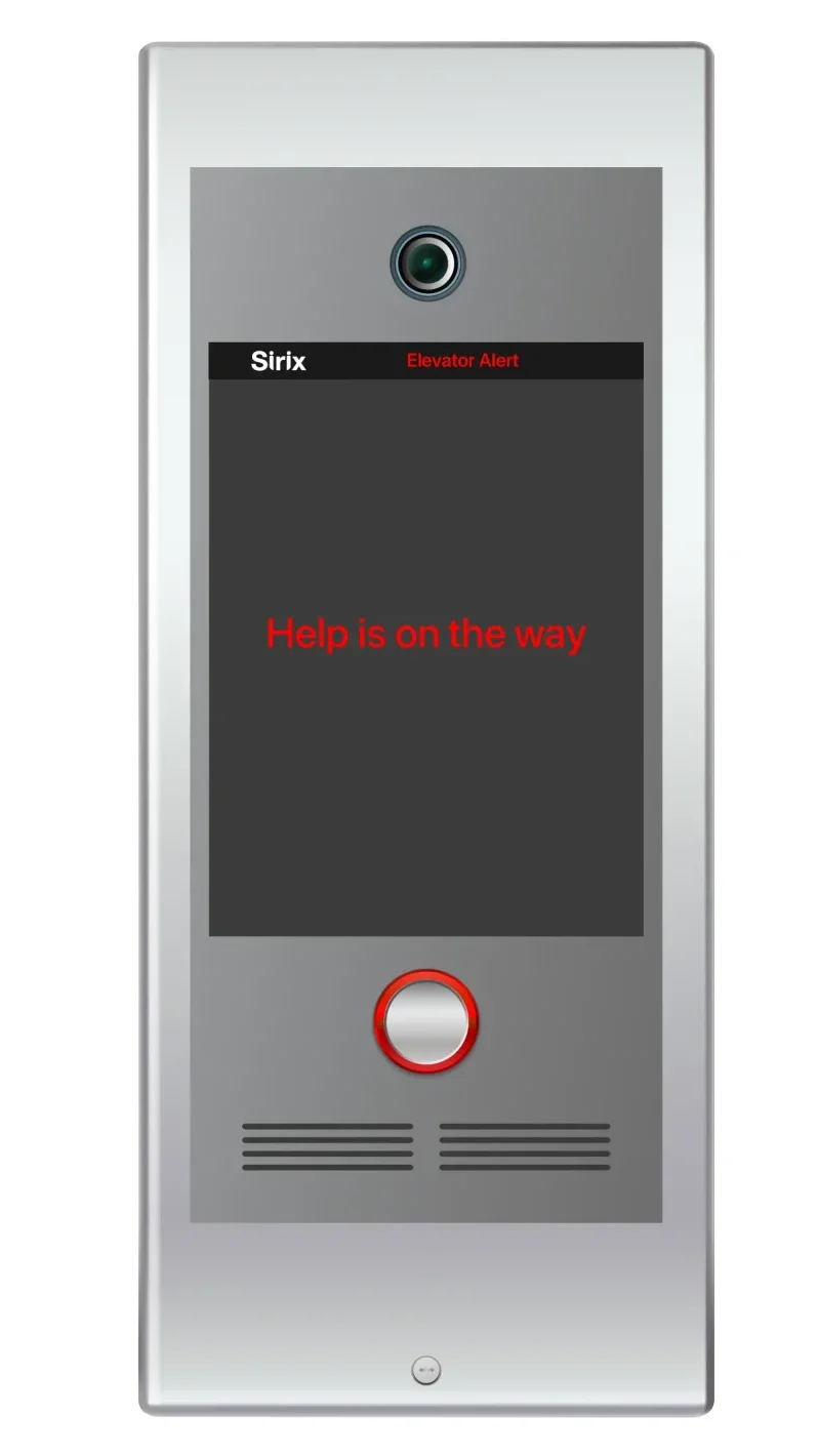 Elevator alert panel showing “Help is on the way”.