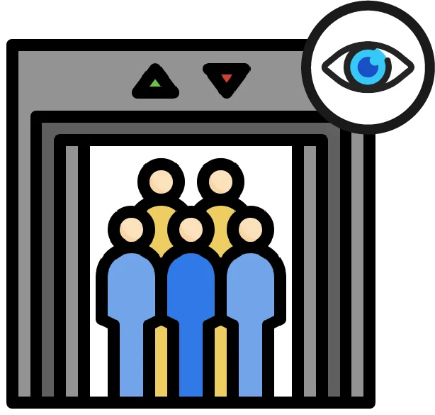 Elevator graphic with eye icon showing real-time monitoring
