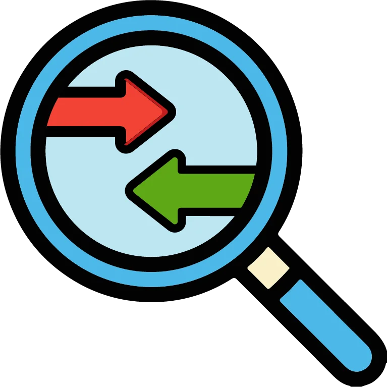 Magnifying glass with green and red arrows, symbolizing traffic flow.