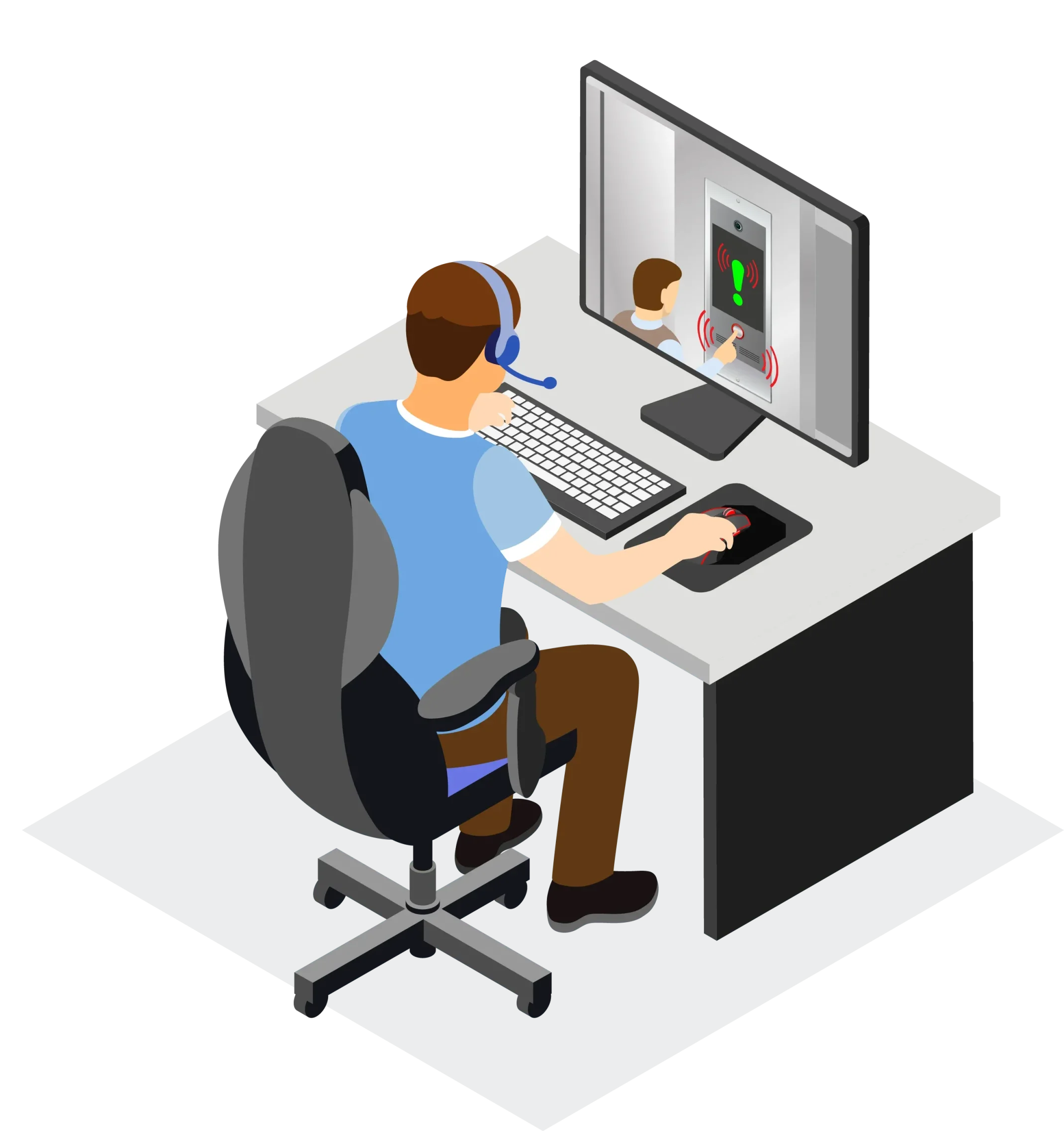 Operator monitoring elevator emergency call from control desk