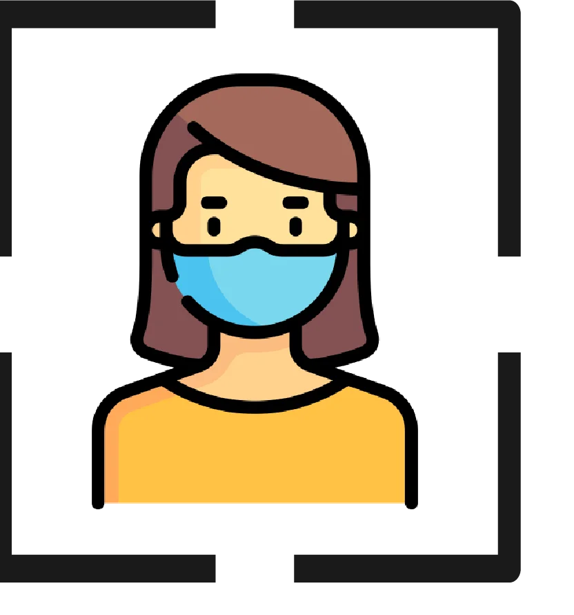 Person wearing a mask in a digital icon representing mask detection.