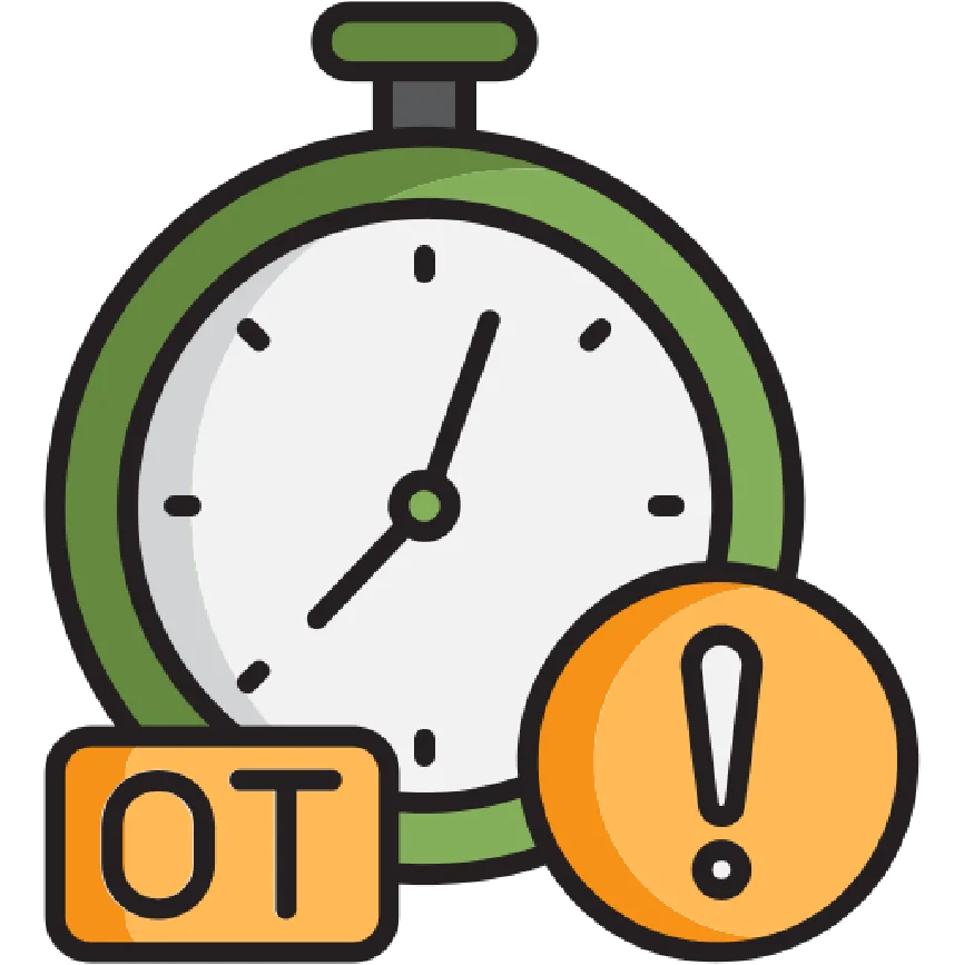 Stopwatch with an alert symbol and OT label.
