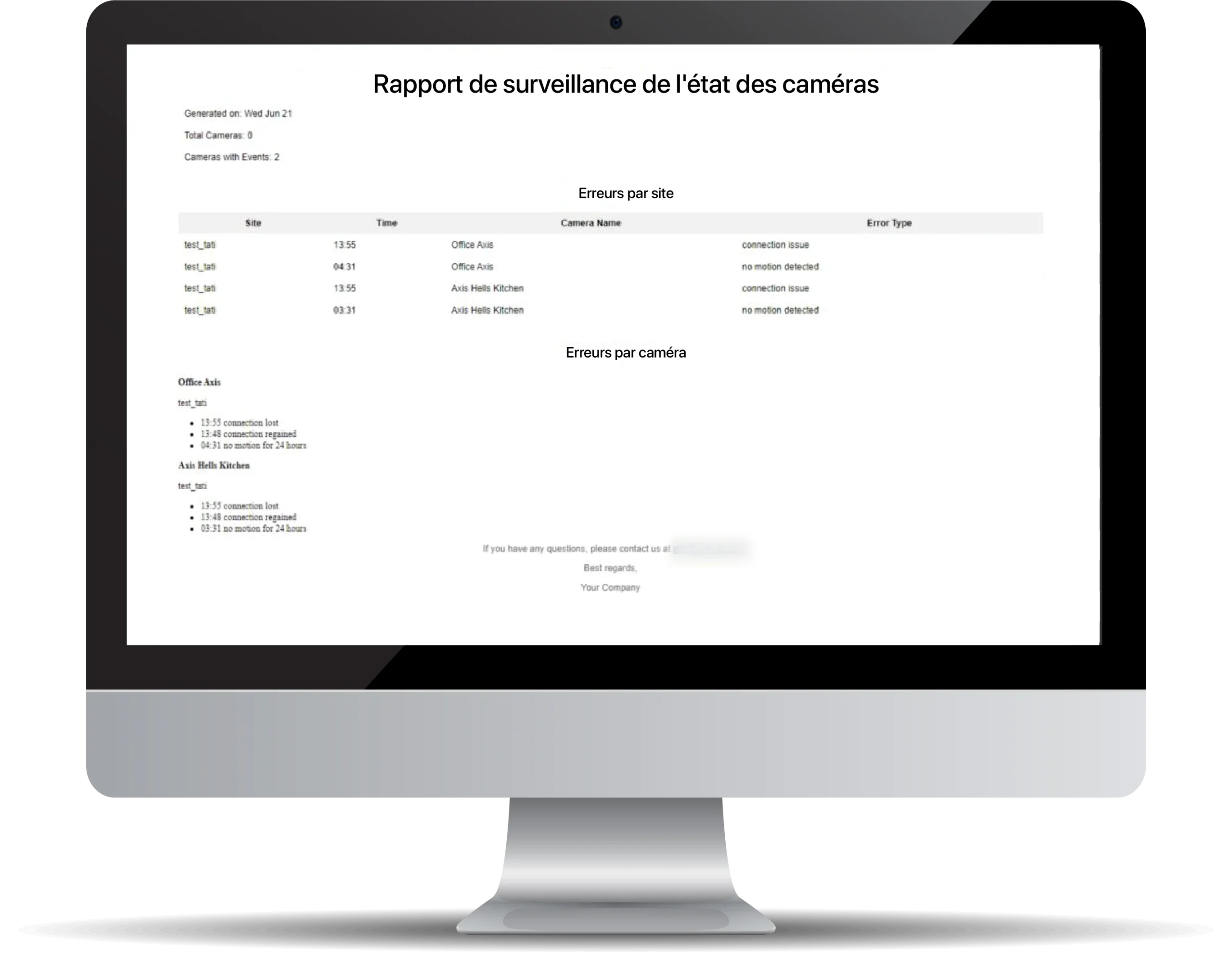 Rapport de surveillance de l'état de la caméra à l'écran pour Aktivesense.
