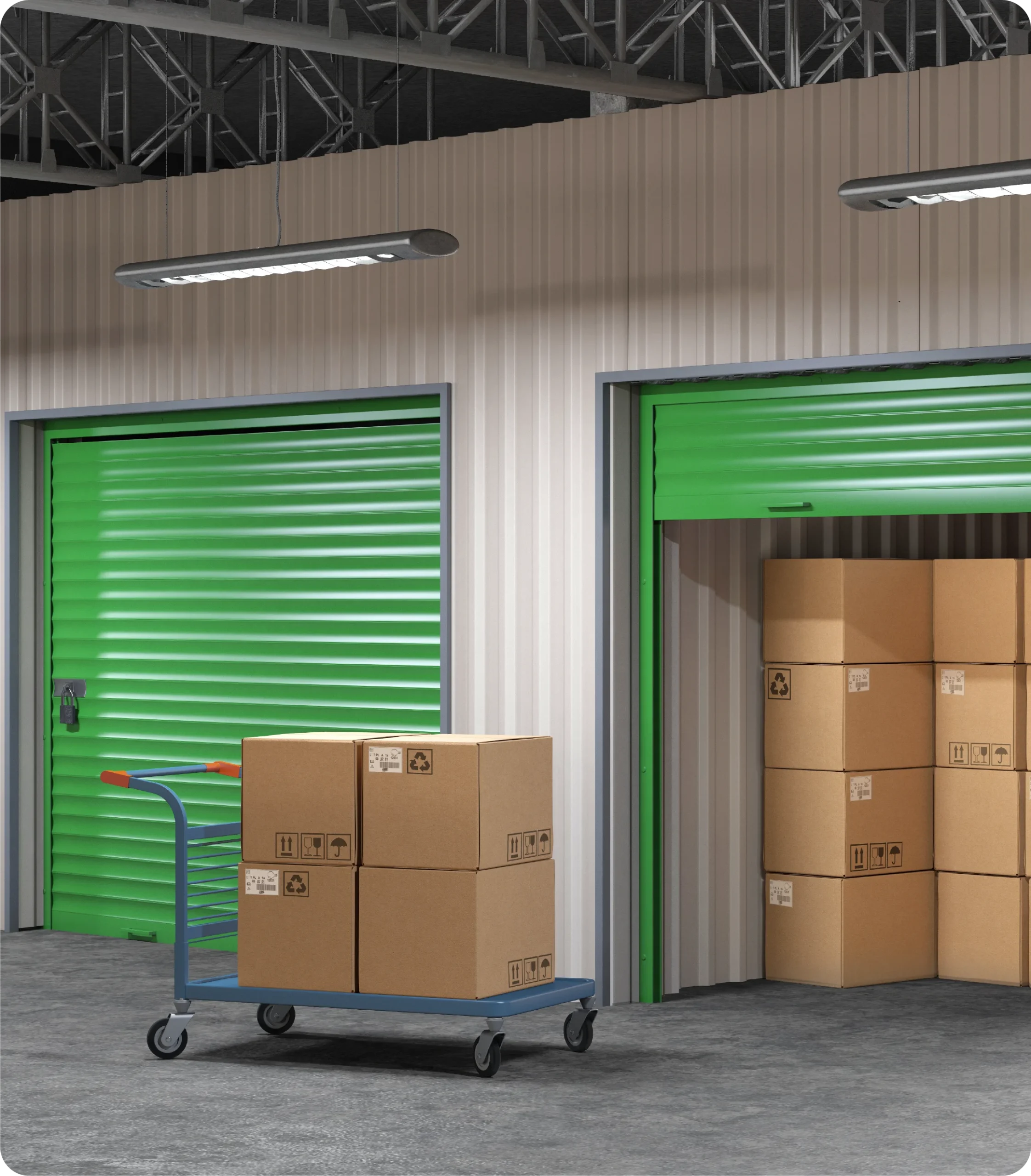 Entrepôt intérieur avec portes roulantes vertes et boîtes sur un chariot pour le déménagement et l'entreposage