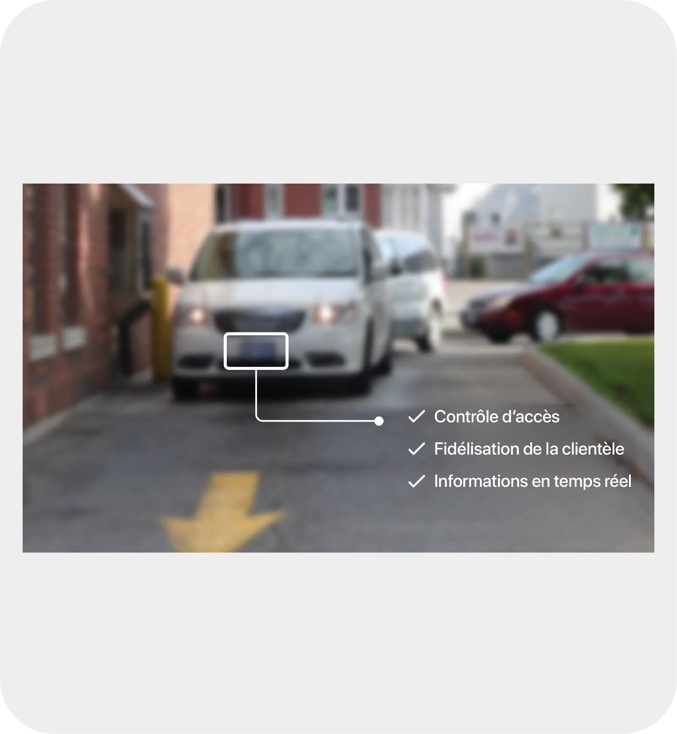 Véhicule au drive-in avec reconnaissance de la plaque d'immatriculation et données de contrôle d'accès.