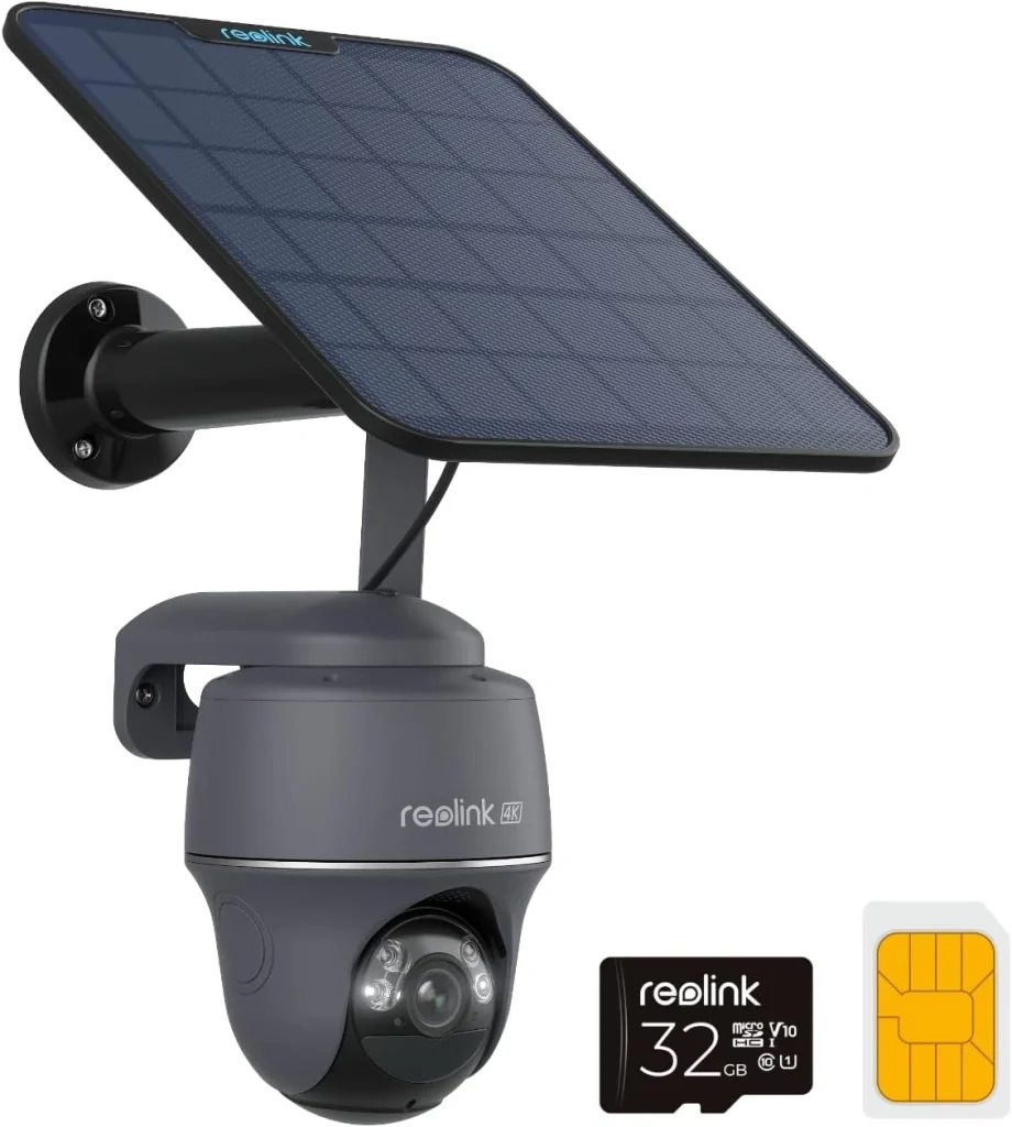 Caméra de sécurité solaire Reolink 4K avec carte SIM et carte microSD pour le stockage.