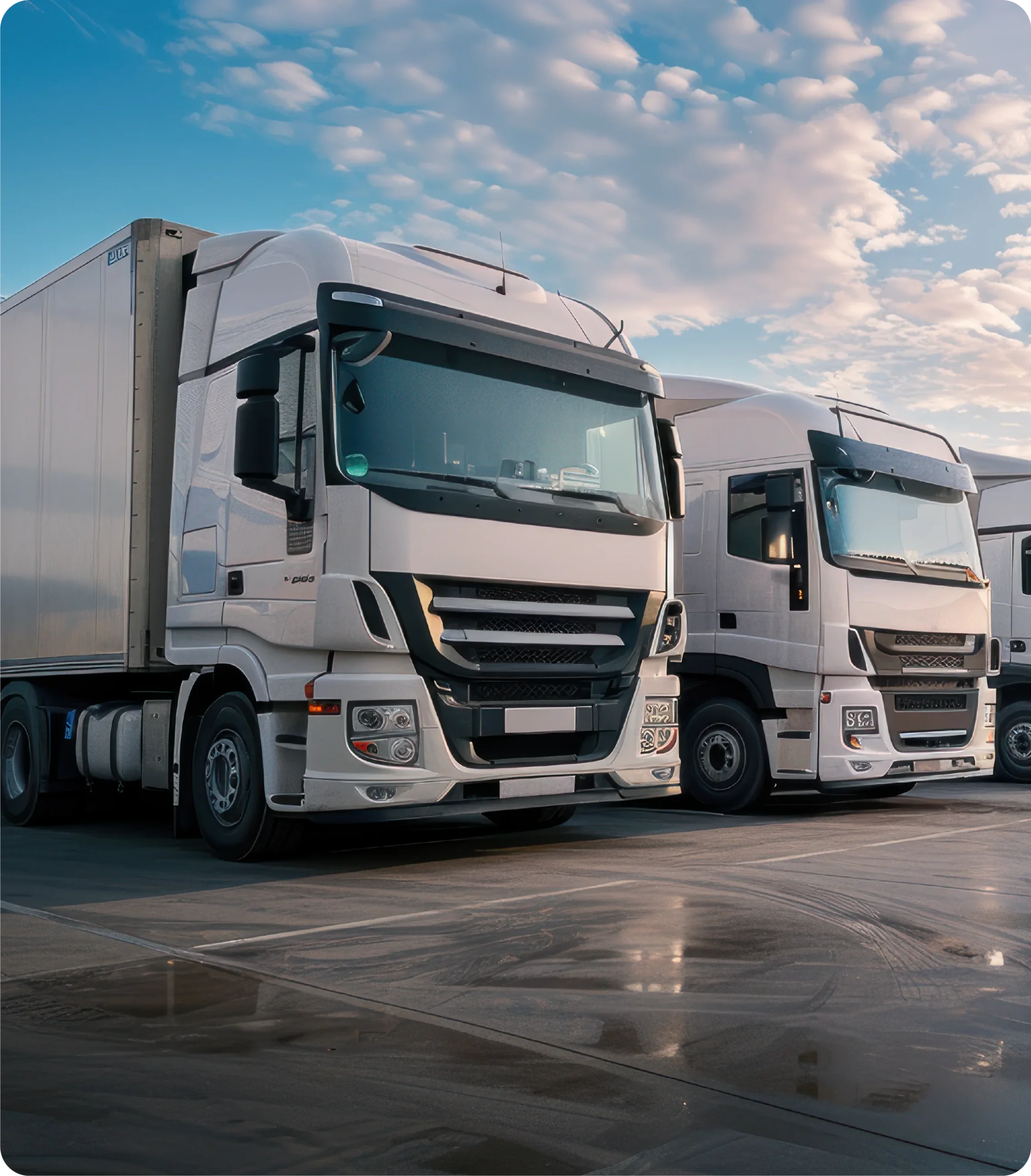 Rangée de gros camions commerciaux garés sur un terrain extérieur sous un ciel partiellement nuageux