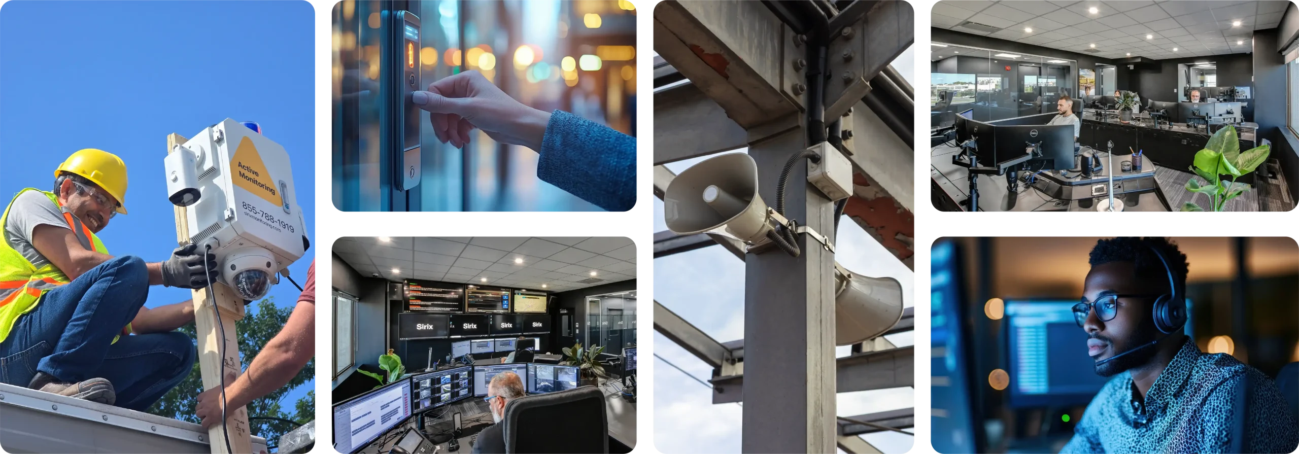 Surveillance de la sécurité avec caméras, contrôle d'accès, haut-parleurs et opérateurs aux postes de travail