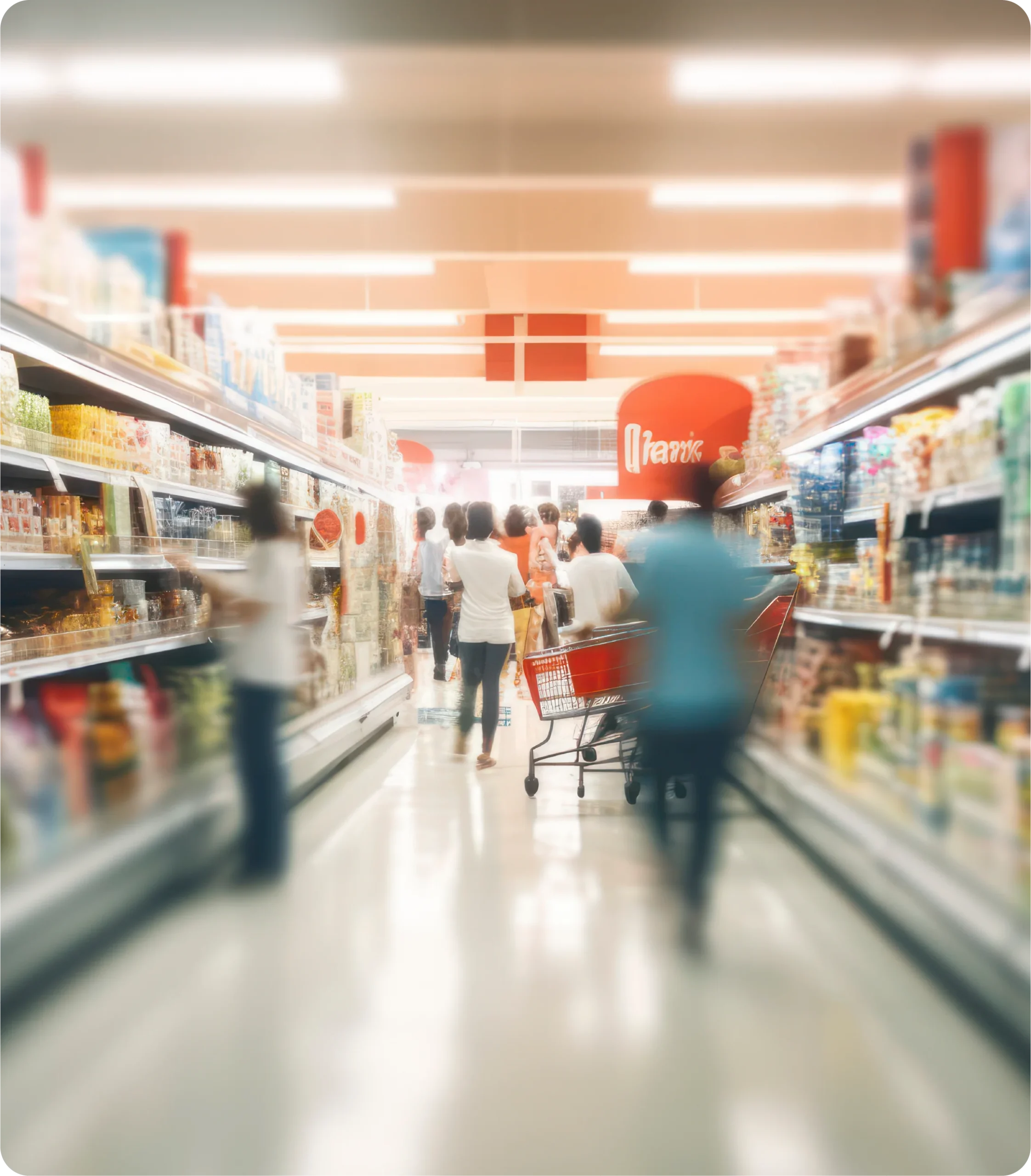 Des acheteurs marchant dans une allée d'épicerie avec des étagères pleines de produits et un caddie.