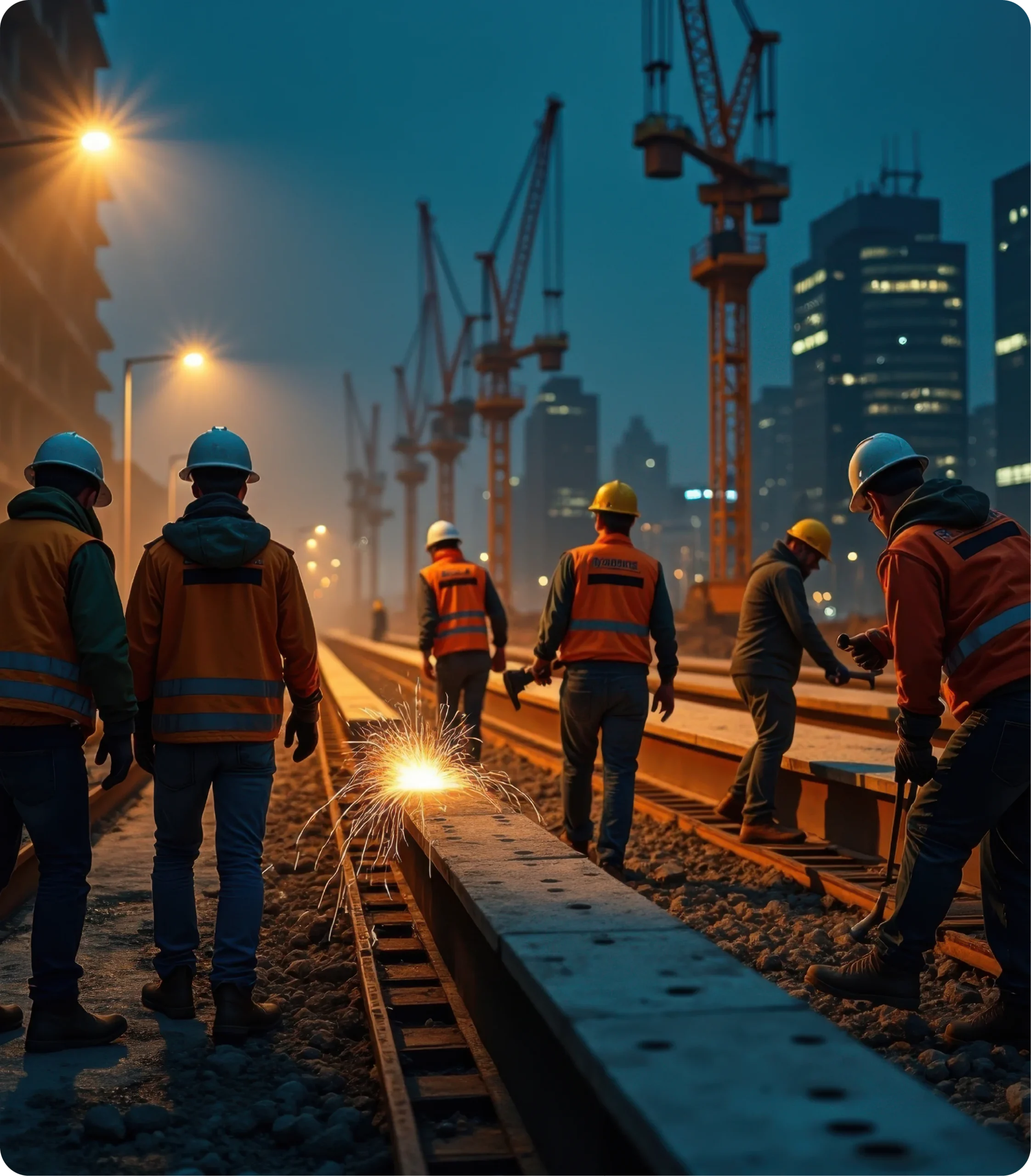 Ouvriers en tenue de sécurité sur un chantier urbain travaillant sur une voie ferrée pendant la nuit