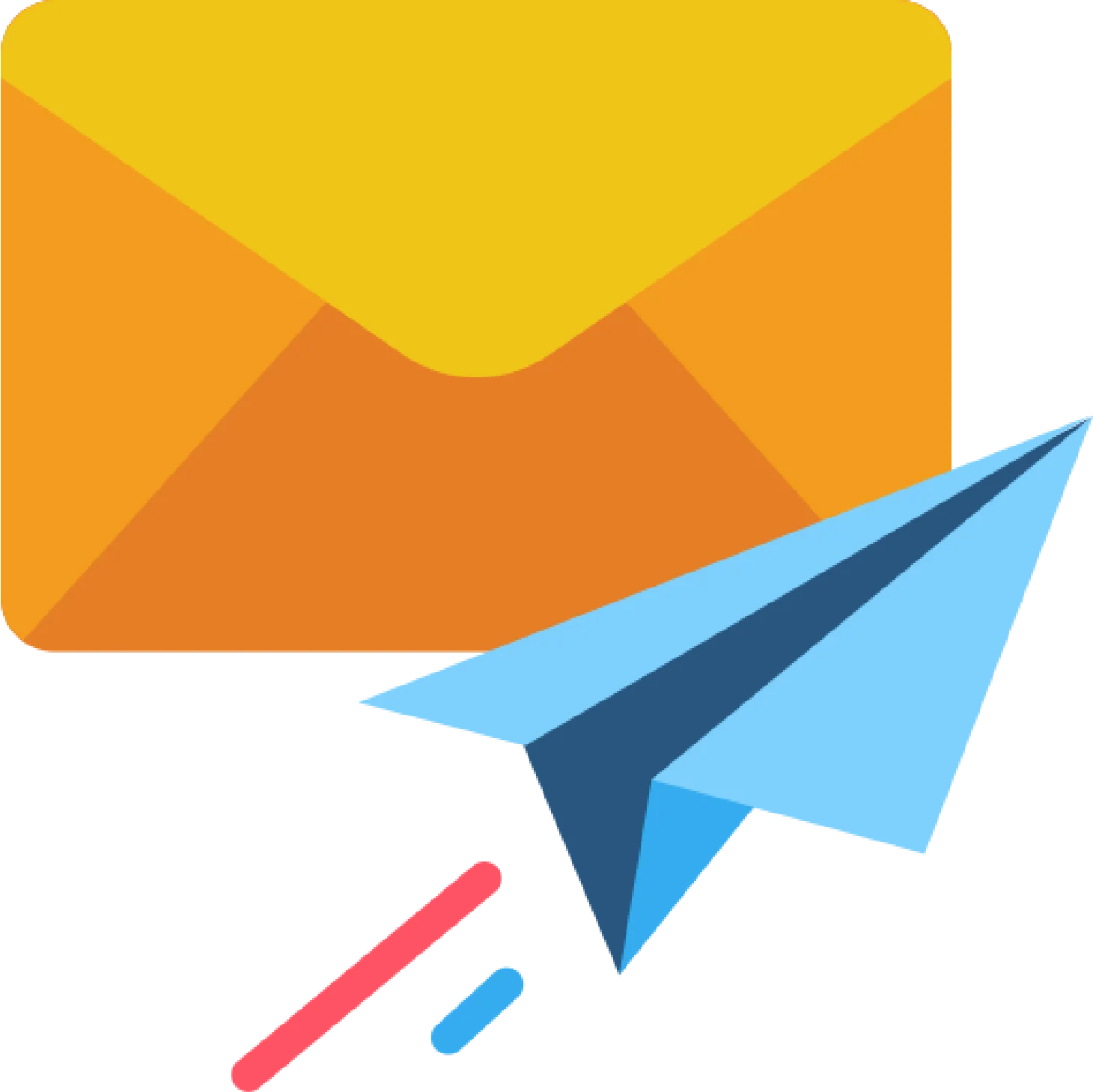 Enveloppe jaune et avion en papier bleu symbolisant la communication et la messagerie par courrier électronique.