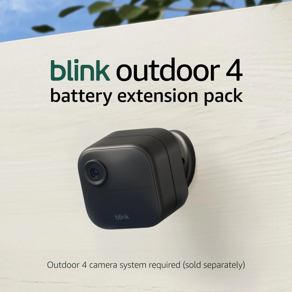 Blink Outdoor 4 camera battery extension pack shown mounted, suitable for home and business security.
