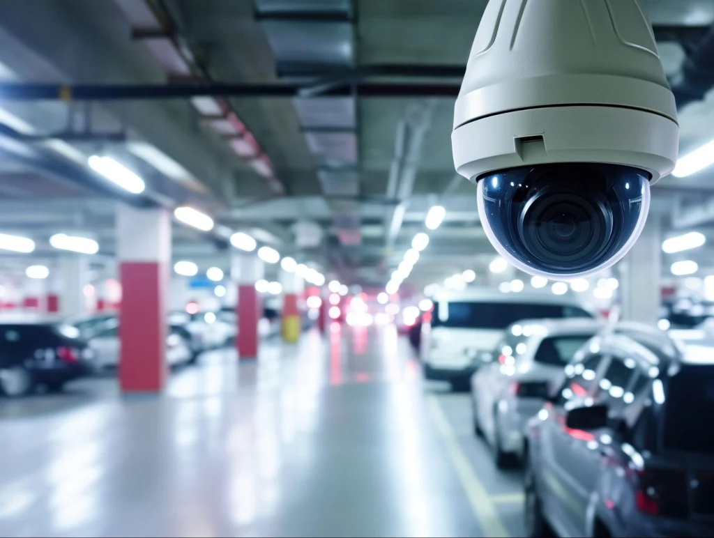 Business people discussing safety protocols in a parking garage, highlighting the importance of safe practices.