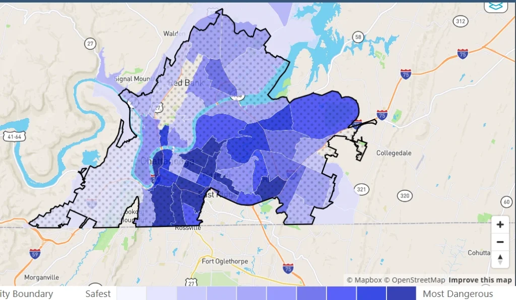 Carte de la criminalité à Chattanooga montrant les quartiers les plus sûrs et les plus dangereux en 2025