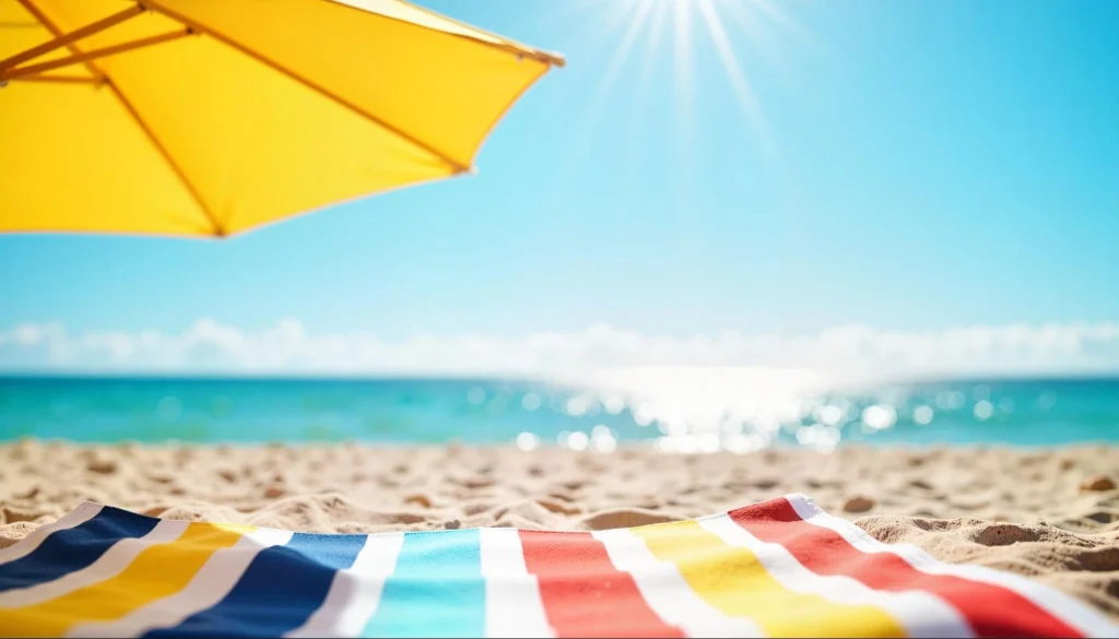 Close-up of a sunny beach scene with a yellow umbrella and striped towel near the shoreline