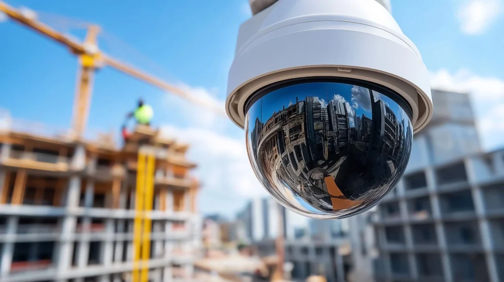 Close-up of dome security camera overlooking construction site for professional installation.