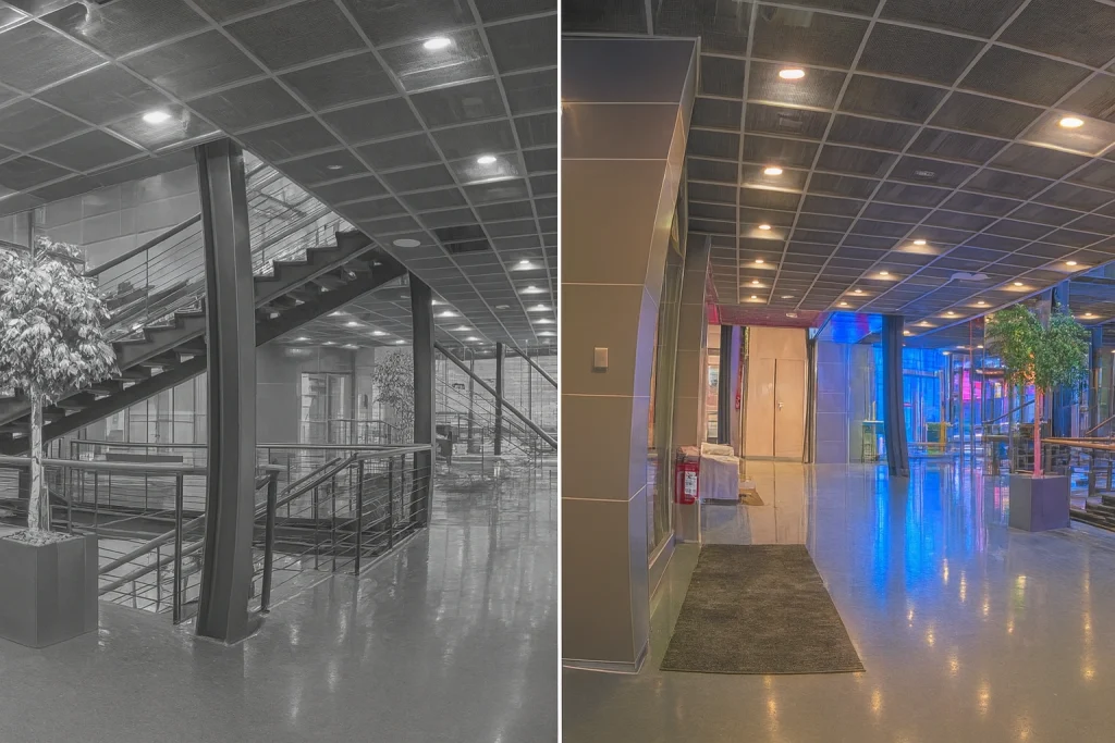 Comparaison des images d'une caméra dôme montrant la clarté de la vision de jour et de nuit dans le hall d'un bâtiment surveillé.