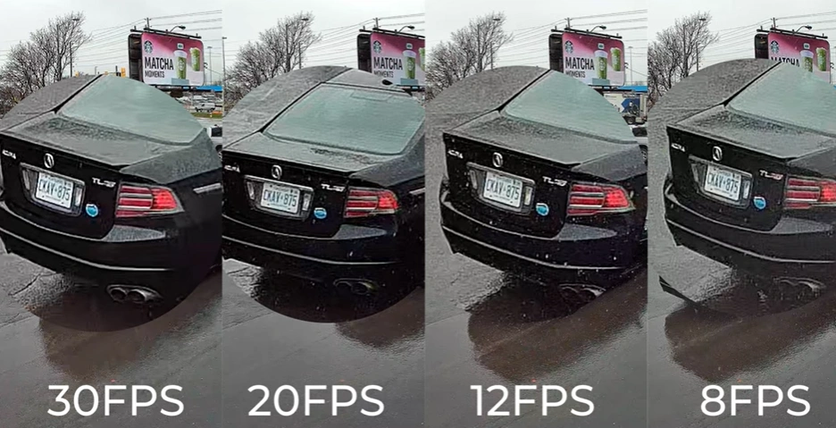 Comparaison de la fréquence d'images de 30FPS à 8FPS montrant l'impact sur la clarté de la plaque d'immatriculation dans la surveillance