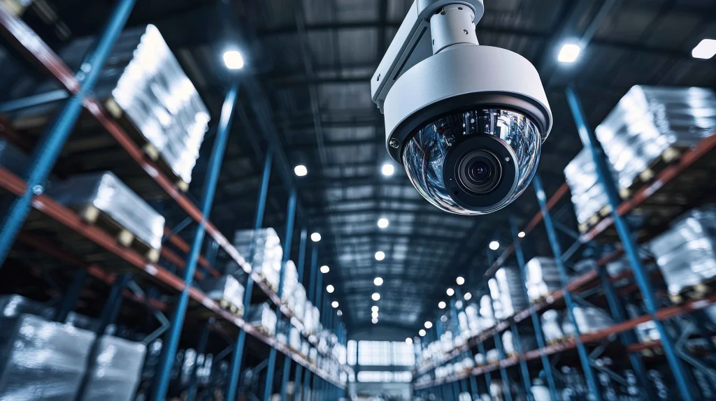 Caméra de surveillance PTZ haute résolution surveillant les rayonnages d'un entrepôt moderne