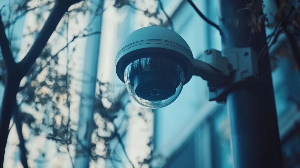 Outdoor dome security camera mounted on pole for effective perimeter surveillance.