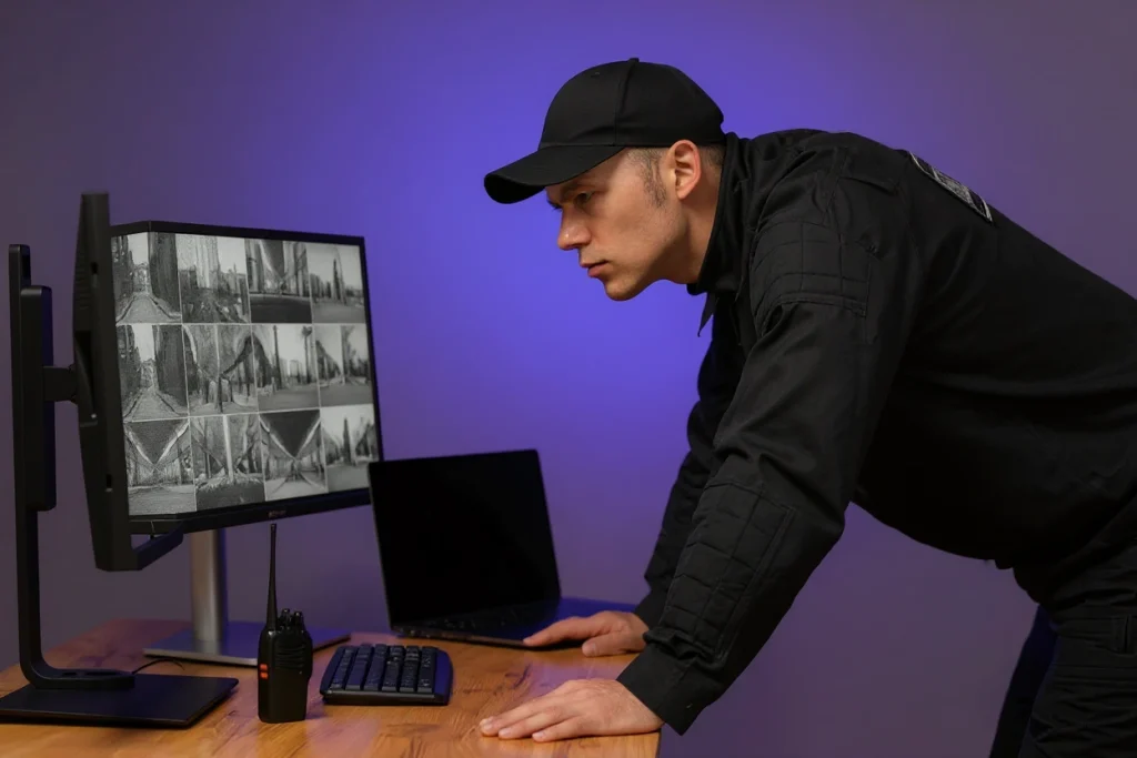 Agent de sécurité surveillant plusieurs caméras de surveillance sur des écrans d'ordinateur.