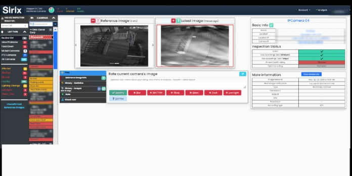 Interface d'un logiciel de sécurité comparant l'image de référence d'une caméra de surveillance avec le dernier flux.