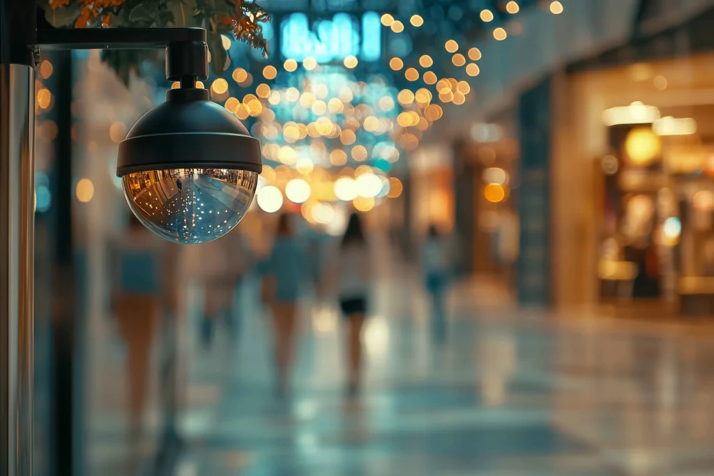 Caméra dôme de surveillance dans un centre commercial avec des personnes et des lumières floues en arrière-plan.