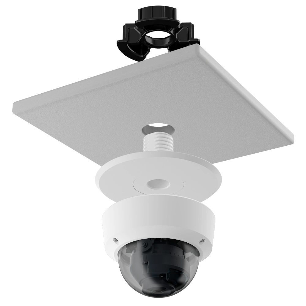 Suspended ceiling mount setup for dome camera installation in commercial spaces.