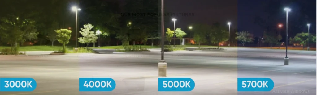 Various lighting fixtures for parking lots in different color temperatures to ensure employee visibility at night.