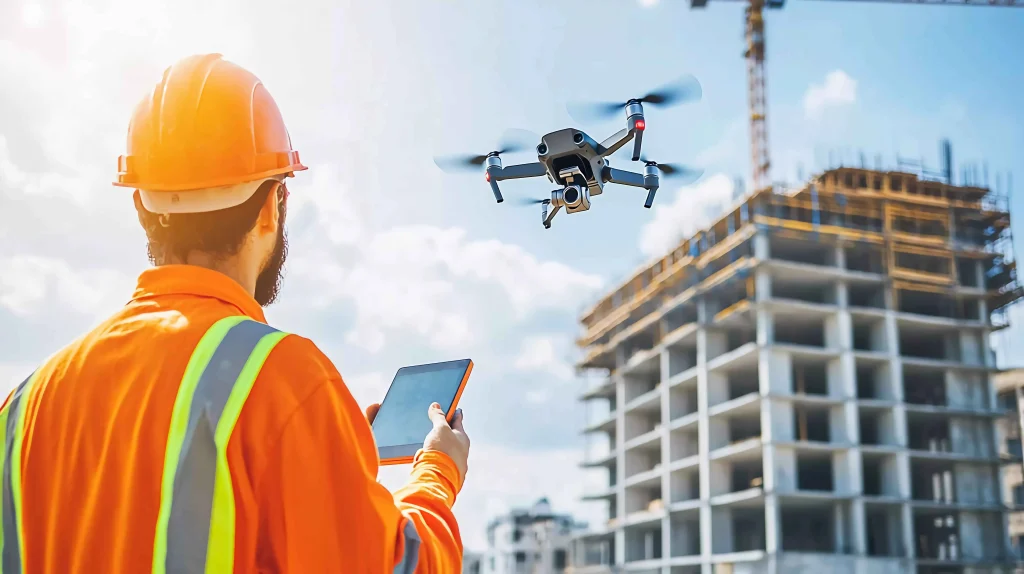 Worker uses drone surveillance for construction site security compliance and safety monitoring 2025.