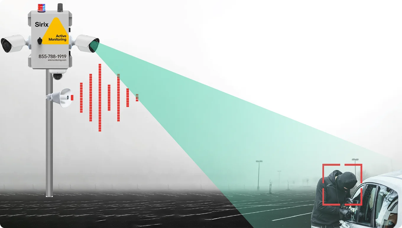 Autonomous Sirix security box detecting suspicious car break-in with cameras, siren and spotlight.