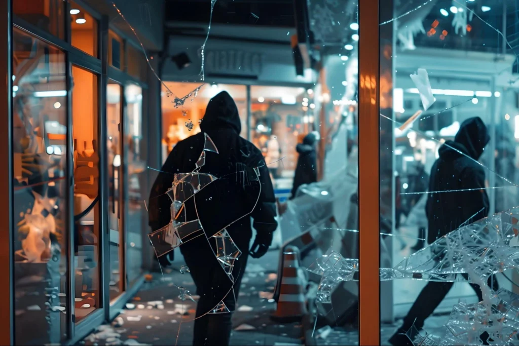 Des cambrioleurs pénètrent dans le magasin par une vitre brisée, ce qui souligne la nécessité d'installer des alarmes de porte et de fenêtre.